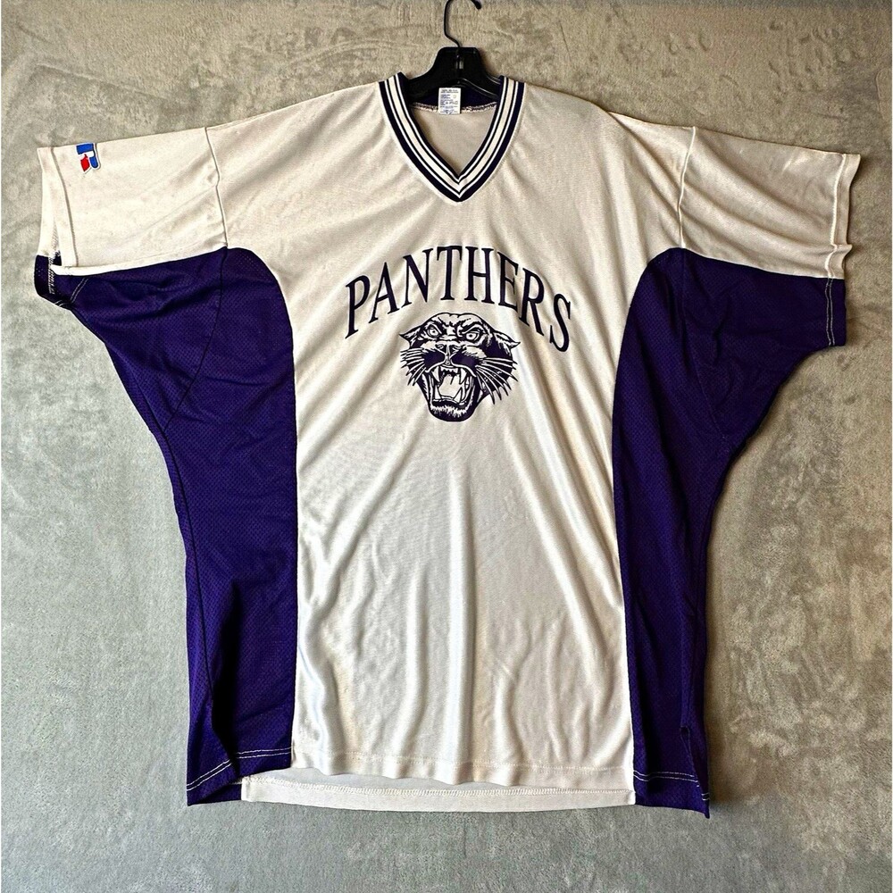Vintage Russell Athletic Panthers V-Neck Jersey Made in USS White/Purple Size 46